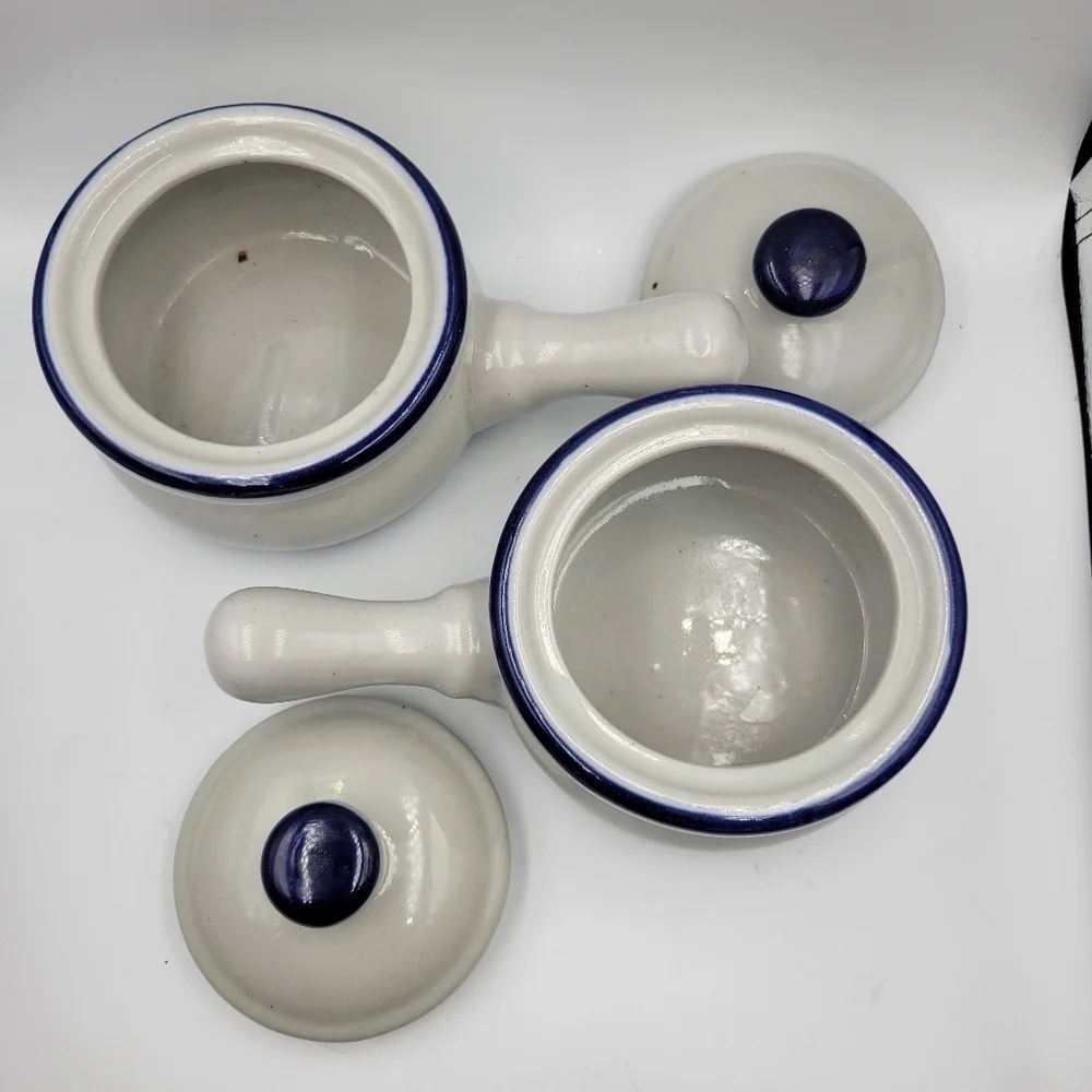 Vintage Blue Trim Handled Stoneware Soup Crocs Made in Taiwan - set of 2